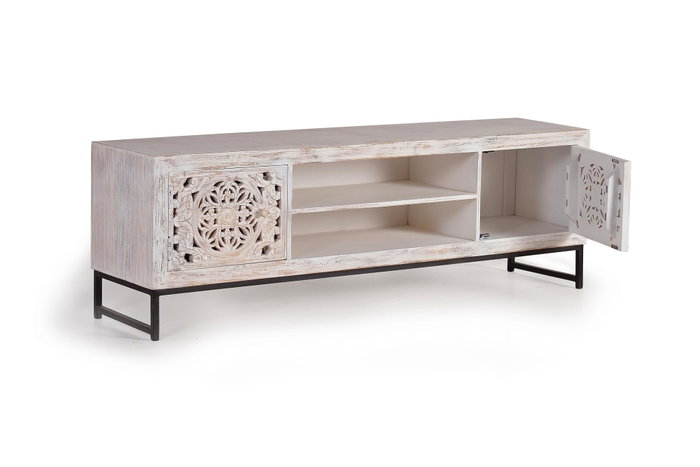 GINER Y COLOMER Meuble TV en bois de manguier sculpté et métal blanc